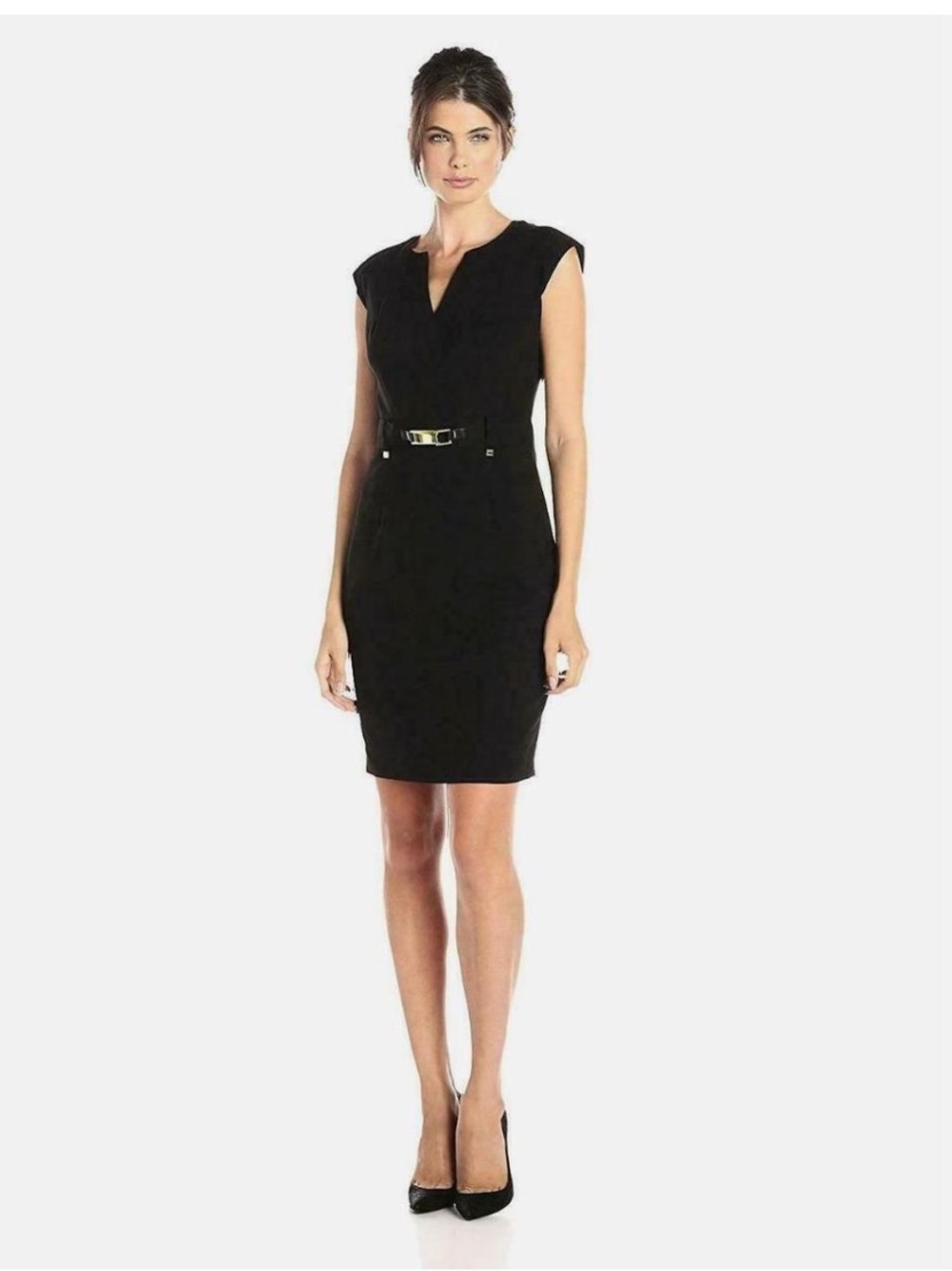 Calvin Klein Black Notch V Neck Pleated Gold Belted Minimalist CBK Midi Dress 8